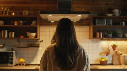 Woman standing in kitchen next to stove, suitable for home and cooking themes