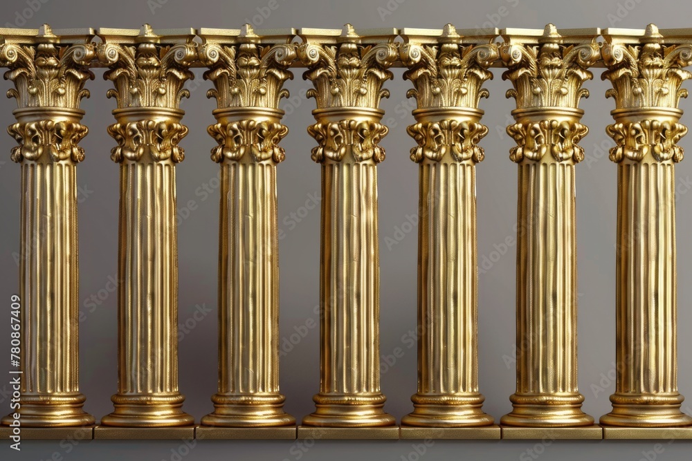Aufkleber A row of golden columns with a clock on top. Ideal for architectural and time-related concepts