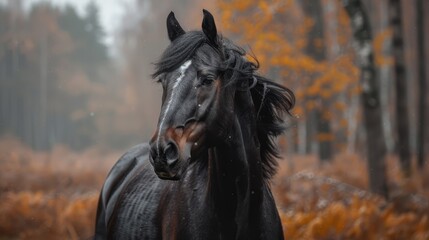   A black horse stands amidst a forest, fog shrouding the landscape Trees and grassy background blur in the mist