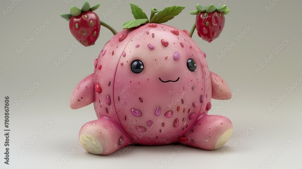 Wall mural a figurine of a strawberry with a face and two green leaves; a close-up view