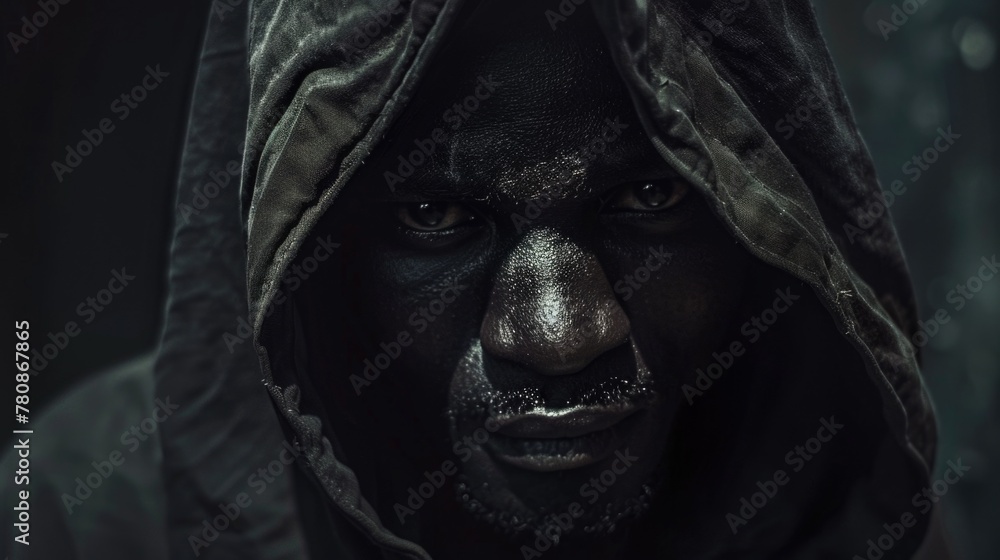 Poster a man wearing a hoodie looking directly at the camera. suitable for various concepts and projects