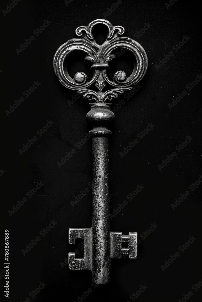 Poster A vintage key displayed on a dark surface. Ideal for various design projects
