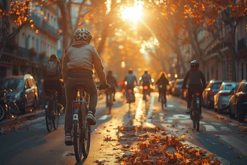 Fototapete Rund Cyclists ride along a city bike lane covered with fallen leaves, bathed in the golden glow of a sunset, symbolizing active urban life in the autumn season. AI Generated © Denis Mamin