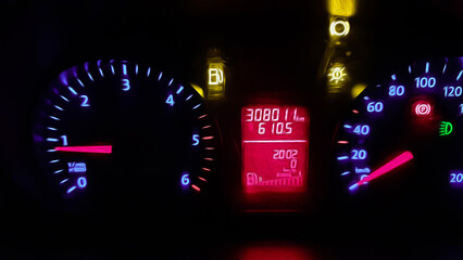 Automobile speedometer, speed level scale in a car, night speedometer in a car.