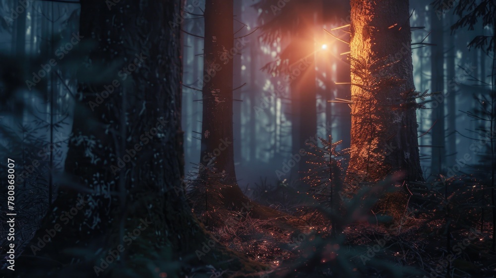 Poster a bright light shines through the trees in a dark forest. suitable for nature and mystery themes