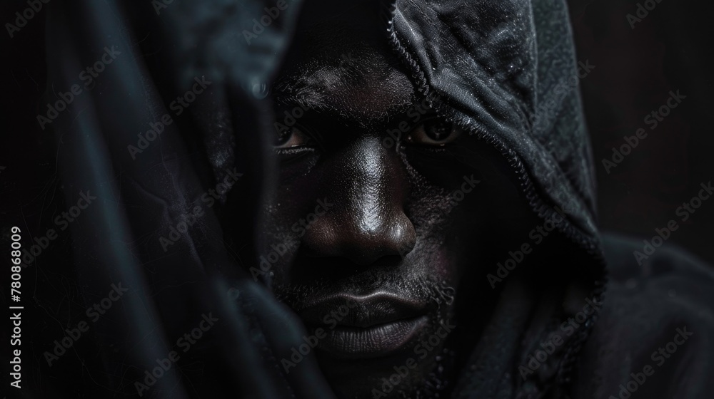Poster a man in a hoodie looking directly at the camera. suitable for various concepts