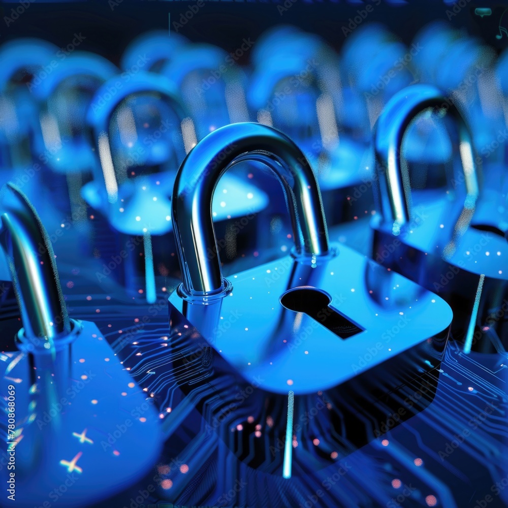 Poster blue padlocks on top of a circuit board, suitable for technology concepts