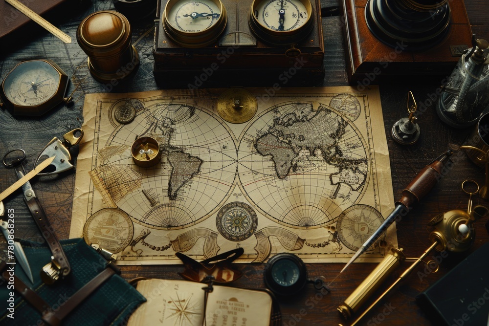 Aufkleber table with map, compass, and other items for navigation. suitable for travel and exploration concept