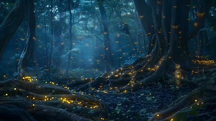 A dense forest at twilight, with fireflies illuminating the scene, casting a magical glow on the underbrush and the twisted roots of ancient trees