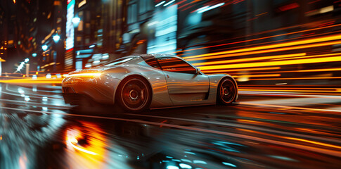 Silver Sports Car Speeding on a City Street at Night