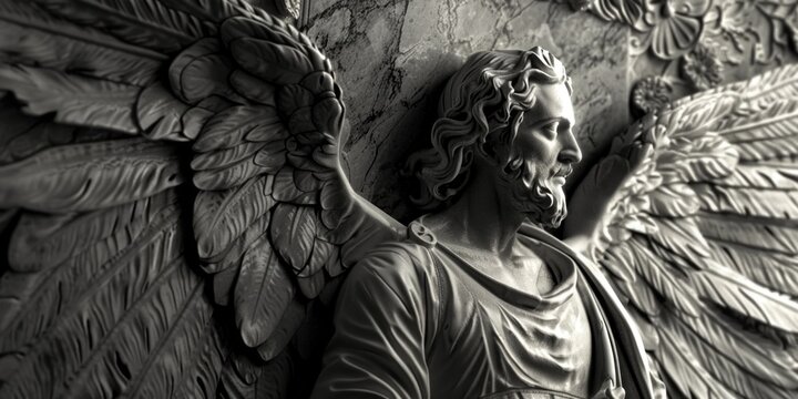A black and white photo of a serene angel statue, suitable for various design projects