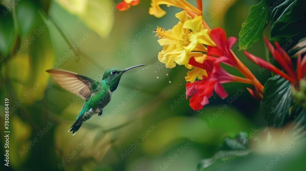 Poster a vibrant image of a hummingbird in flight near a colorful flower. ideal for nature and wildlife con