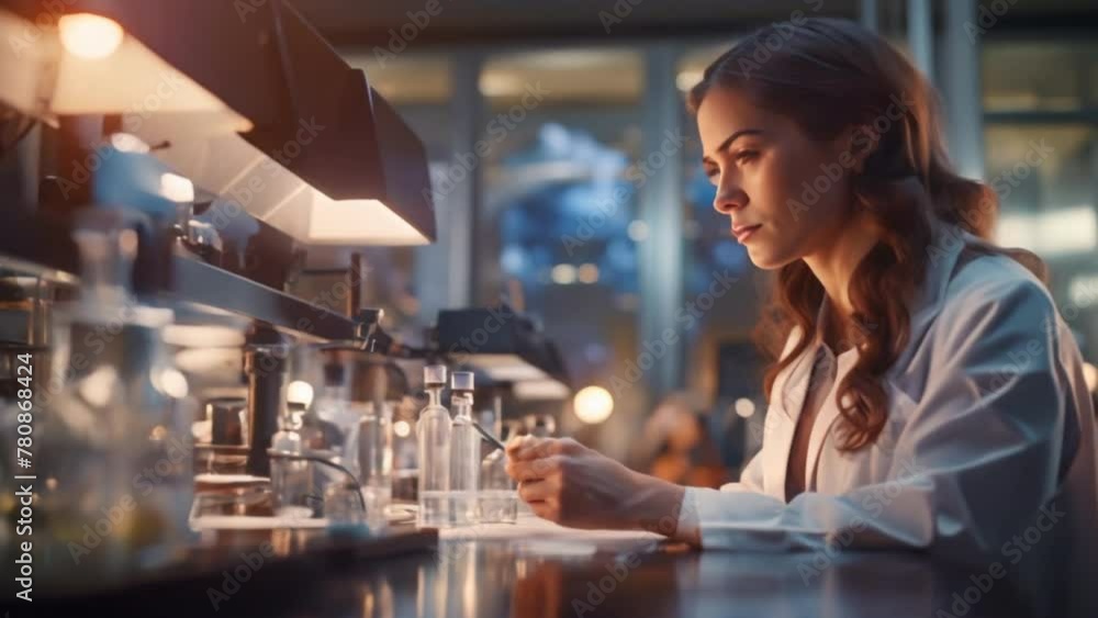 Aufkleber woman wearing a lab coat is performing a precise experiment in a lab. The background is full of modern scientific instruments. 