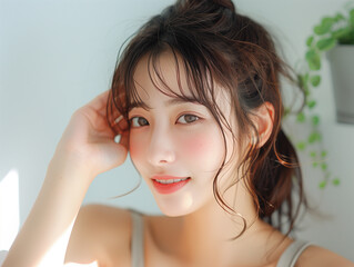 自宅で肌を確認している女性