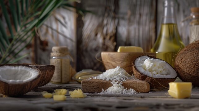 A table topped with coconuts and ingredients. Perfect for food and tropical themed designs