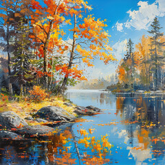 Naklejka na ściany i meble Vibrant Autumn Forest by a Calm Lake in Realism Style