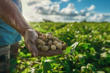 A man holding a handful of peanuts. Suitable for food and nutrition concepts - obrazy, fototapety, plakaty