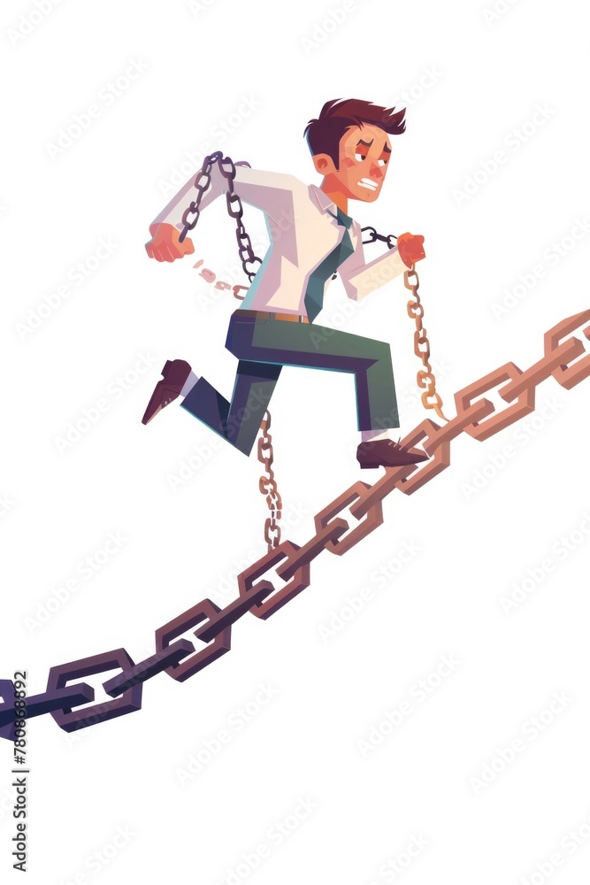 Poster a man in a white shirt and tie running on a chain. suitable for business concepts