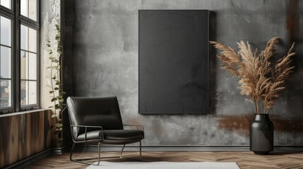 A canvas mockup elegantly set in a minimalist interior, complemented by an armchair