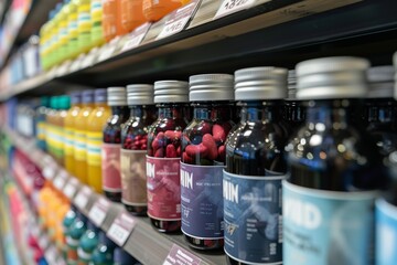 Rows of vitamin supplement bottles organized on a store shelf for health and nutrition. AI Generated.