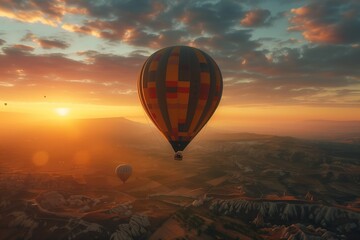A hot air balloon ascends at sunset, offering a magnificent view of Cappadocia's valleys and peaks. AI Generated