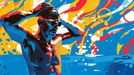 Muurstickers a swimmer, captured in a moment of concentration and determination, adjusting their goggles © Pters