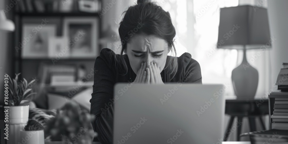 Aufkleber a woman sitting in front of a laptop computer. suitable for business and technology concepts