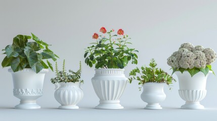 A row of white vases filled with different types of plants. Ideal for interior design concepts - obrazy, fototapety, plakaty