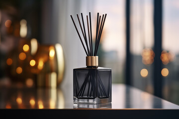 An elegant reed diffuser with dark sticks, reflecting the ambient light of an urban cityscape during the twilight hours. Soft, warm glow from the background creates a serene and luxurious ambiance.