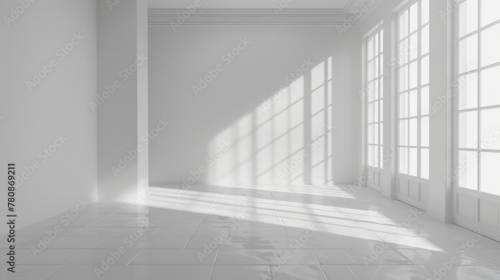 Poster a clean white room with a spacious window and tiled flooring. suitable for interior design projects