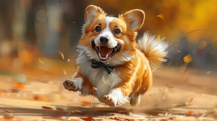 A corgi with a black bow on its neck is running around happily., generated with AI - obrazy, fototapety, plakaty