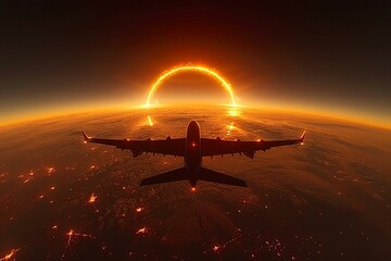 a plane flying above the earth with an eclipse in front of it, orange and black - obrazy, fototapety, plakaty