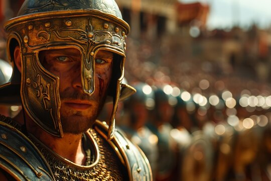 A Gladiator wearing a gold helmet trains a school of young gladiators in the arena, action wide shot, photo realistic image, blues and gold, generated with AI