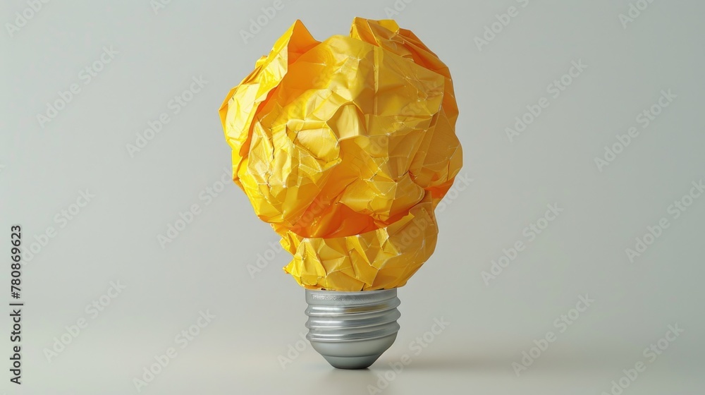 Poster a crumpled yellow paper resting on a glowing light bulb. useful for creative concept or idea illustr