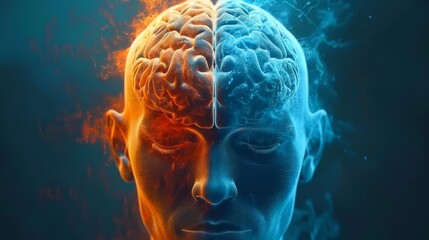 A human head displaying both brain hemispheres, the left brain hemisphere is orange, and the right brain hemisphere is blue, dark and dreamy lighting,  generated with AI