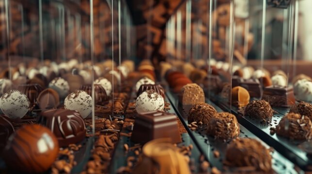A hyper-realistic image of exquisite chocolates made by the world's finest chocolatier, showcasing intricate designs and rich textures. Created Using: photorealistic style, gourmet, generated with AI