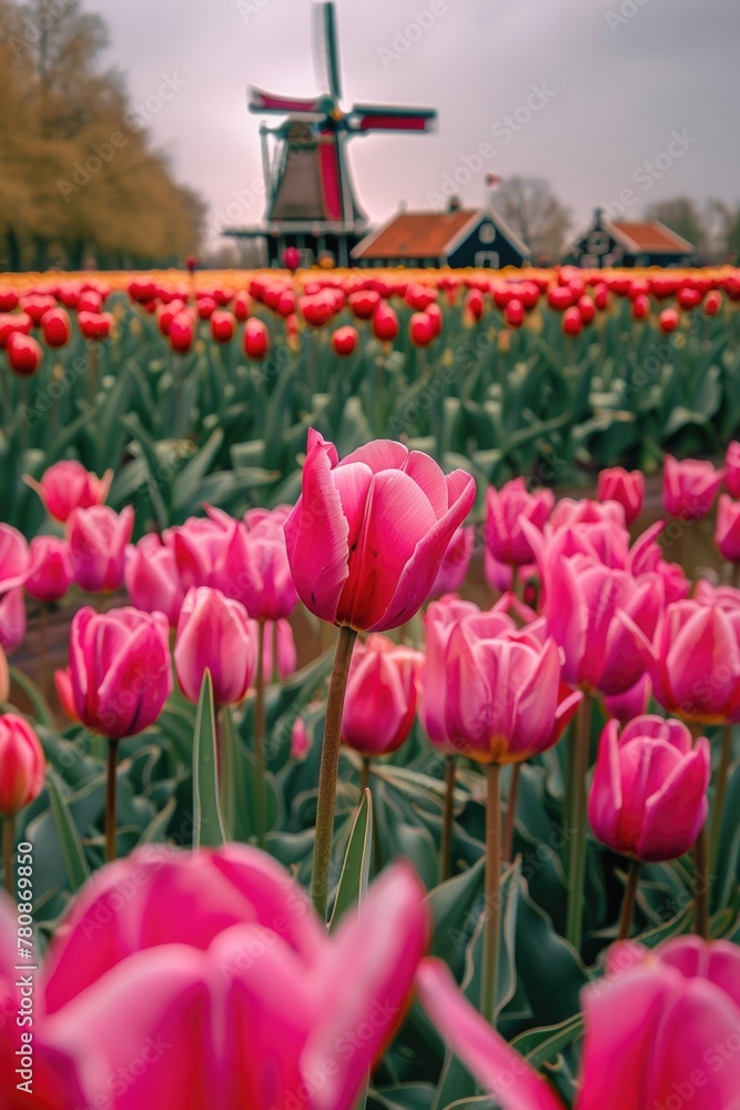 Poster a beautiful field of pink tulips with a charming windmill in the background. perfect for spring and 