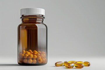 Glass bottle filled with pills and capsules, suitable for medical and healthcare concepts