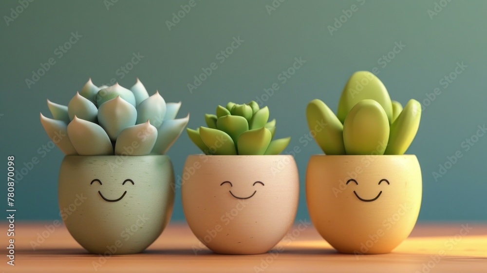 Poster three succulents with unique painted faces, perfect for adding a touch of whimsy to any project