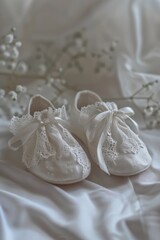 Fototapeta na wymiar White baby shoes placed neatly on a cozy bed. Perfect for baby product advertisements