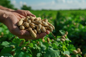 A person holding a handful of peanuts in a field. Suitable for food and agriculture concepts - obrazy, fototapety, plakaty