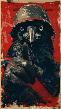 A vintage style poster with the image of a crow wearing an army helmet, generated with AI
