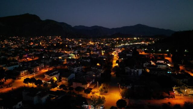 Dalyan Town drone night view in Mugla Province of Turkey