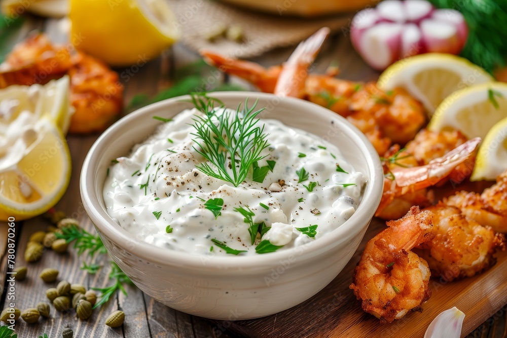 Wall mural Homemade tartar sauce with fresh mayo lemon capers parsley dill onion and herbs is perfect for fried fish and seafood - Wall murals