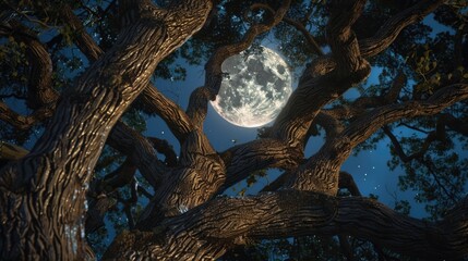 A tree with a full moon in the background. Perfect for night-time and nature themes