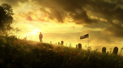 Sunset over the tombs with USA flag, concept for Memorial Day.
