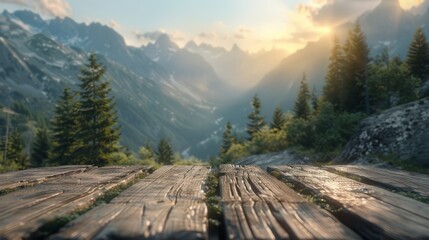 Base of a wooden table in a setting consisting of mountains and forest in the background. Sunlight reflecting, generated with AI
