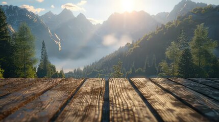 Base of a wooden table in a setting consisting of mountains and forest in the background. Sunlight reflecting, generated with AI