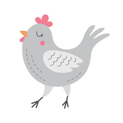 Cute cartoon walking chicken. Baby animals or farm birds theme. Kids vector illustration of hen isolated on white background.