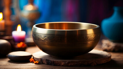 A Tibetan singing bowl rests serenely on a wooden stand, surrounded by candles, stones, and vibrant draperies, evoking a sense of peace and meditation